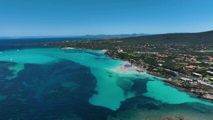 Wall Mural - aerial view on beach, people and umbrellas. vacation and adventure. europe, mediterranean sea. top v