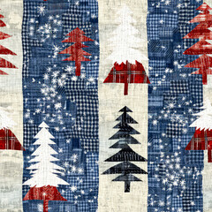 Wall Mural - Old-Fashioned christmas tree with primitive hand sewing fabric effect. Cozy nostalgic homespun winter hand made crafts style seamless pattern.