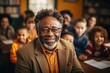 Portrait of an elderly african american teacher surrounded by children.