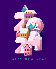 Wall Mural - Happy New year 2024. Old winter cityscape with big pink numbers. Christmas greeting card design