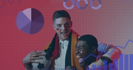 Wall Mural - Animation of charts on interface over cheering diverse male football fans with scarf, ball and flag