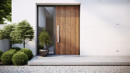 Canvas Print - Clean entrance door by wooden with perfect matching white wall to make it homey. Generative AI Technology 