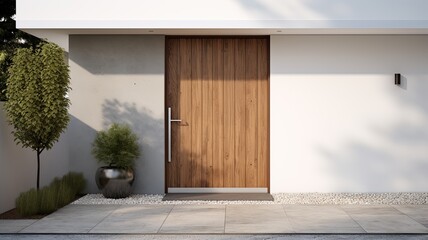 Wall Mural - Clean entrance door by wooden with perfect matching white wall to make it homey. Generative AI Technology 