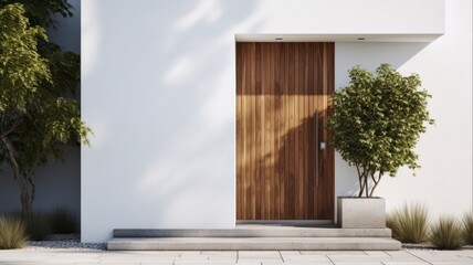 Canvas Print - Clean entrance door by wooden with perfect matching white wall to make it homey. Generative AI Technology 