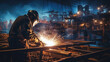 A shipyard at night,  welders creating sparks in the darkness