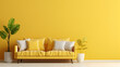 Bright yellow wall with room for text, paired with a comfy beige sofa. A modern living room setting