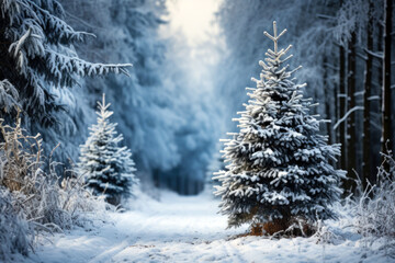 Poster - Winter forest background with a road perspective and Christmas trees under snow