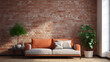 Modern apartment with a terracotta sofa against a brick wall. 3D picture that looks real