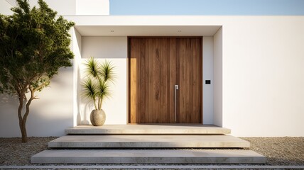 Poster - Clean entrance door by wooden with perfect matching white wall to make it homey. Generative AI Technology 