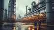 On a rainy day,  workers at an oil refinery inspect pipelines and tanks