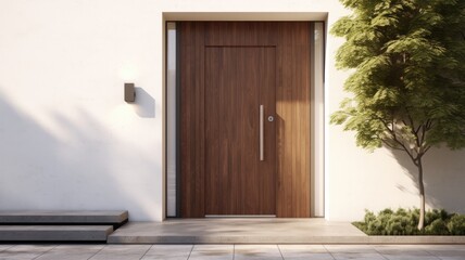 Canvas Print - Clean entrance door by wooden with perfect matching white wall to make it homey. Generative AI Technology 