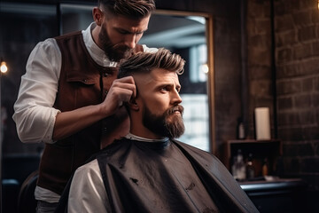 Canvas Print - a handsome model man with a beard in the hairdresser barbershop salon gets a new haircut