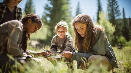 Aufkleber - An image of students on an outdoor field trip or expedition, learning about nature, science, and the environment through hands-on experiences