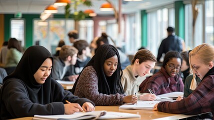 Aufkleber - An image of students from diverse cultural backgrounds studying together in an international classroom, highlighting the global perspective in education