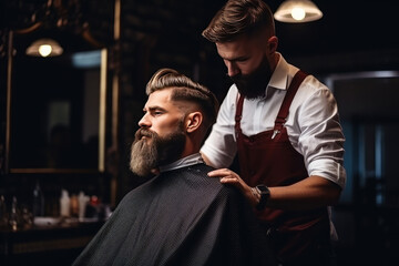 Wall Mural - a handsome model man with a beard in the hairdresser barbershop salon gets a new haircut