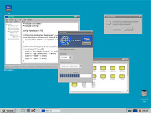 Retro Computer OS Template With User Connecting To Dial Up Internet. Loading Menu On A Desktop Interface With Yellow Folders, Window With Software Code. 1024x768 Resolution With 4:3 Aspect Ratio