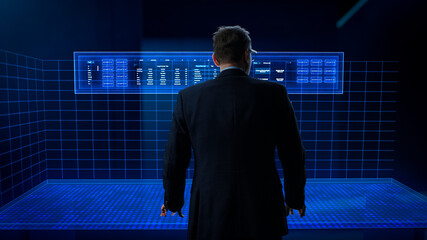 Fototapete - Business Analyst Working in a Virtual Reality Office with Augmented Reality Screens. Manager Using a Virtual Touch Screen Hologram with Multiple Options, Generating Visual Presentations from Big Data