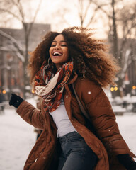 Wall Mural - A beautiful woman walking in a winter snow landscape