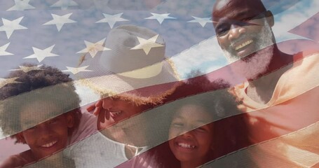 Wall Mural - Animation of flag of usa over happy senior biracial couple with grandchildren on beach