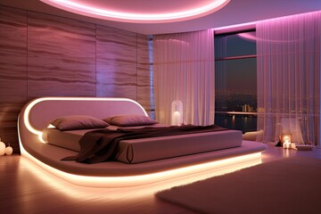 Sticker - 3D rendering of a modern bedroom with a view of the city, Futuristic bedroom with romantic lighting, AI Generated