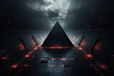 Fototapeta Perspektywa 3d - 3d rendering of a dark corridor in a futuristic style with glowing lights, Futuristic High Tech dark background with a triangle, AI Generated