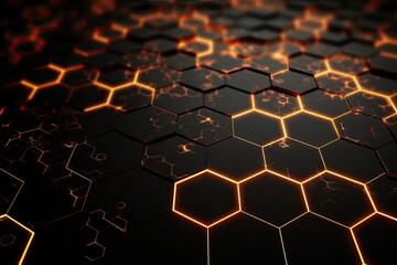 Wall Mural - Abstract technology background with glowing hexagons. 3D Rendering, Futuristic High Tech Black background with a hexagm, AI Generated