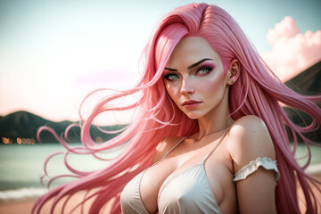 Wall Mural - beautiful woman with pink hair