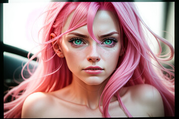 Canvas Print - beautiful woman with pink hair