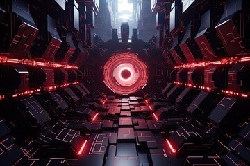 Canvas Print - Futuristic black and red tunnel with glowing lights 3D rendering, Futuristic Metaverse Tunnel with Polygon Shapes and Circuit Boards, AI Generated