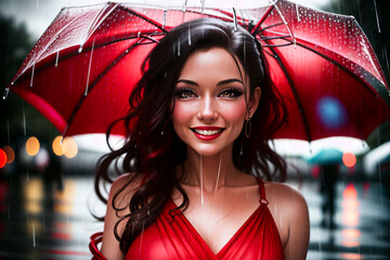 Wall Mural - beautiful asian woman with red umbrella on night