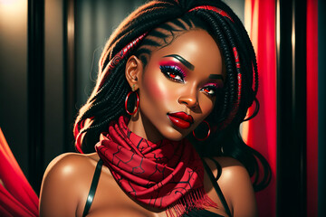 Canvas Print - beautiful black woman with a red scarf and a black scarf.