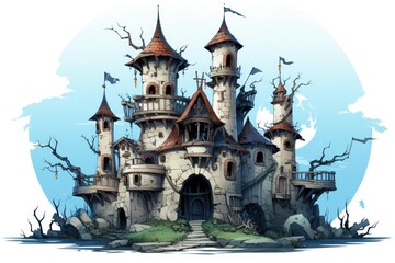 Haunted castle isolated on white background. Halloween design with old spooky house, illustration in cartoon style.