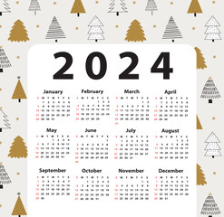 Wall Mural - Calendar set 2024 starting from Sunday. Vector illustration