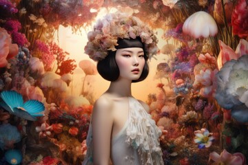 Wall Mural - beautiful chinese young woman with flowers, ai generated