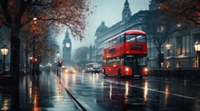 London Street With Red Bus In Rainy Day Sketch Illustration