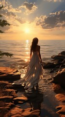 Wall Mural - A Beautiful Woman, with a Long White Dress, Walking in front of the Sea surrounded by Rocks during Sunset.