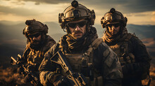 Squad Of Three Fully Equipped And Armed Soldiers Standing On Hill In Desert Environment In Sunset Light