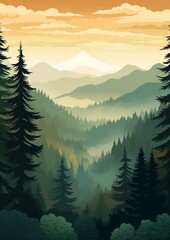 Wall Mural - Silhouette morning landscape sky background pine panorama nature tree forest illustration sunrise