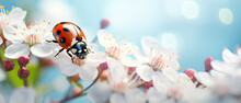 Ladybug Close-up On A Fluffy Flower Spring Or Summer Outdoors Macro Soft Focus. Light Blue Blurred Background. Floral Background Desktop Wallpaper A Postcard. Romantic Soft Gentle Artistic Image.