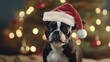 Cheerful Boston Terrier Wearing Poopsie Christmas Santa Hat and Playfully Sticking Out Tongue