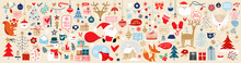 Christmas Decorative Banner With Funny Santa Claus, Reindeer, Snowmans And Gift Boxes And Many Others