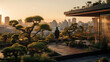 Golden-Hued Dawn: Rooftop Garden Tai Chi Amidst Potted Plants