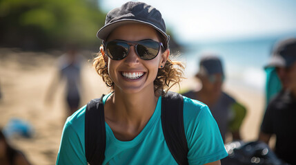 Wall Mural - Preserving Coastal Beauty: Leading a Cheerful Team in Seashore Cleanup