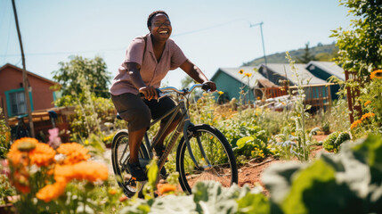 Wall Mural - Pedaling Past Community Garden: Joy of Sustainable Urban Transportation