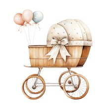 Watercolor Baby Carriage Clipart On White Background.