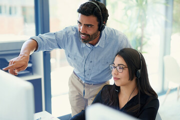 Aufkleber - Telemarketing, manager and employee with customer service, call center or conversation with help desk. Business people, man or woman with tech support, crm or advice with mentor, internet or coaching