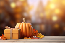 Autumn Decoration Background With Gift Box And Pumpkin, Orange Leaves, Copy Space For Text, 3D Rendering Illustration