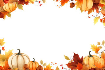 Autumn leaves and pumpkin border frame. Halloween Thankebings background Adorned With Pumpkins, Fruits, Flowers, Vegetables, And Leaves, Top view, PNG