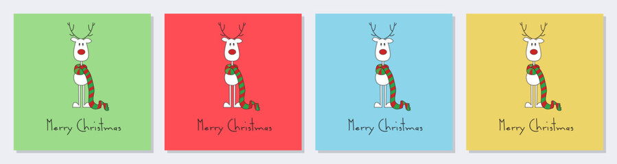 Wall Mural - Cute reindeer on a red, green, blue, yellow background. Christmas background, banner, or card collection.