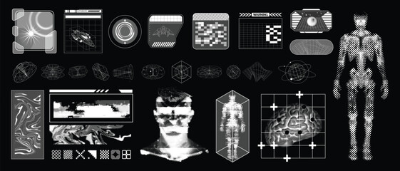 Futuristic y2k graphic icon set, retro wave sci-fi display, vector cyberpunk future space frame kit. Brutalist grid print, abstract star groovy geometric shapes, halftone background. Futuristic print